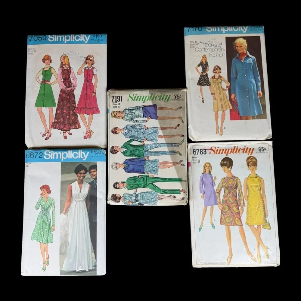 Lot of 5 Simplicity Women's Maxi Sewing Patterns 1970s Vintage